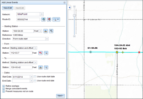 Locating the From measure and To measure values as an offset from the starting station